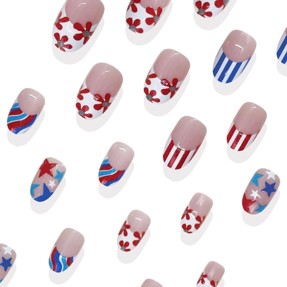 Uxgjfwu 24Pcs 4th Of July Press On Nails, Patriotic Flag Fake Nails, Short Wear Glue On Nails, Holiday Nail Supplies for Independence Day Celebrations