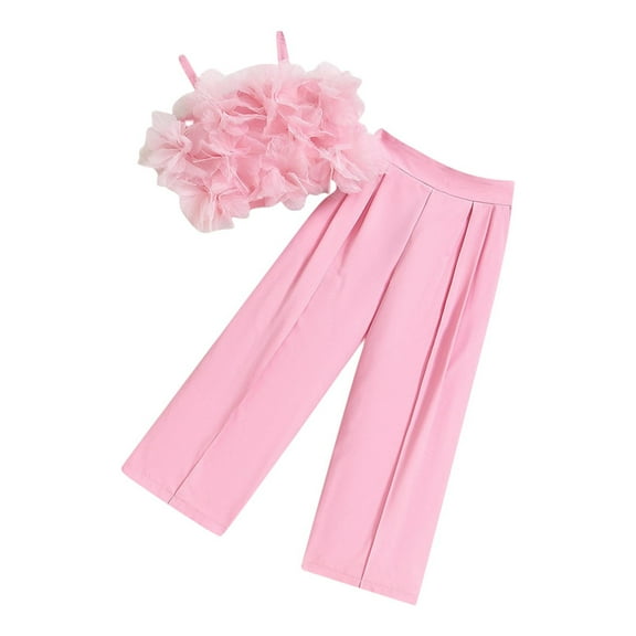 Uxgjfwu 4-7 Years Girls Summer Clothing Sets Mesh Flower Suspender Straight Leg Pants Set Camisole Sleeveless Tops Set