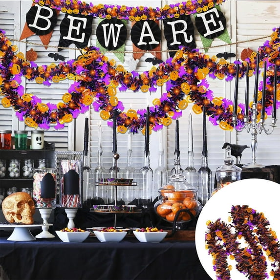 Uxgjfwu 6.6ft Halloween Tinsel Garland with Pumpkins and Bats, Metallic Hanging Decor for Party Ceiling Wall