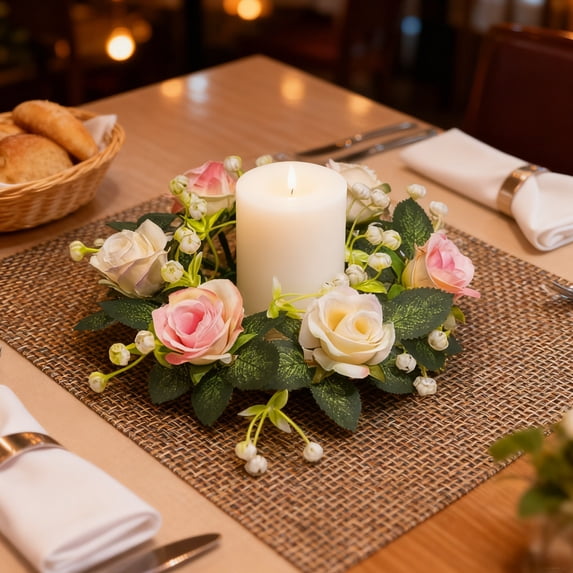 Uxgjfwu Artificial Rose Candle Holder, Floral Wreath with Candle Base for Tabletop and Window Display, Wedding and Celebration Decor for Romantic Ambiance