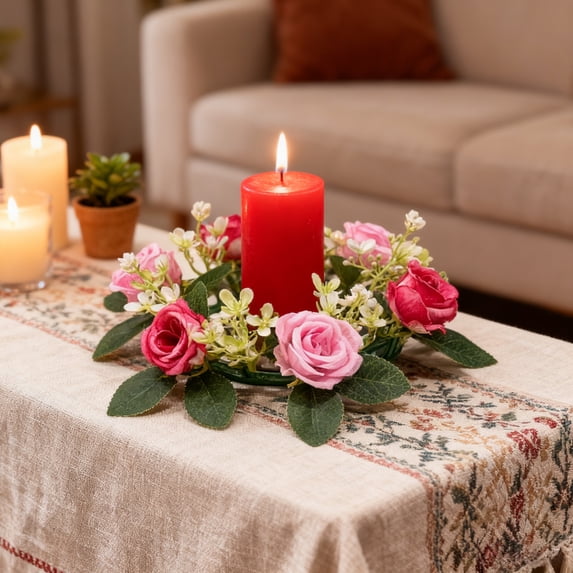 Uxgjfwu Artificial Rose Candle Holder, Floral Wreath with Candle Base for Tabletop and Window Display, Wedding and Celebration Decor for Romantic Ambiance