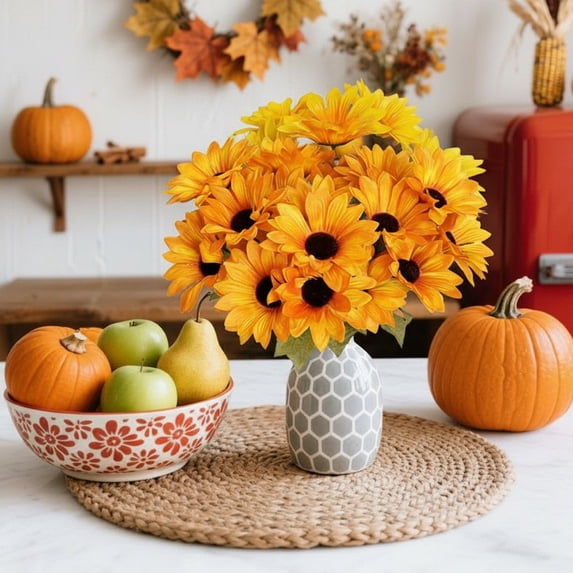 Elainilye Artificial Sunflower Bouquet Fall Thanksgiving Harvest Decorative Potted Plants for Home Table Centerpiece Festival Decor Realistic Fake Flowers