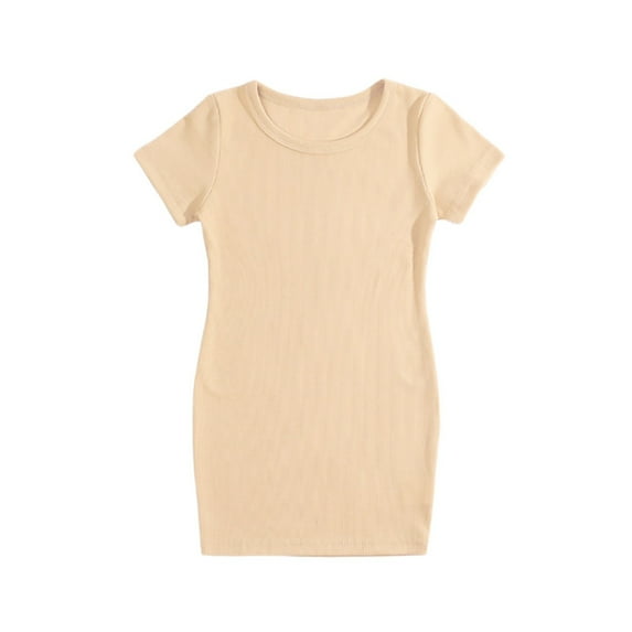 Uxgjfwu Big Girls Dress Shirts Dress Summer Cute Solid Color Short Sleeve Dress Round Neck Bodycon Dress