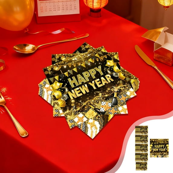 Uxgjfwu Black Gold 2026 New Year Party Set, Disposable Themed Paper Plates Cups and Napkins, 7 and 9 Inch Plate Assortment, Festive Tableware for Celebration, Gathering