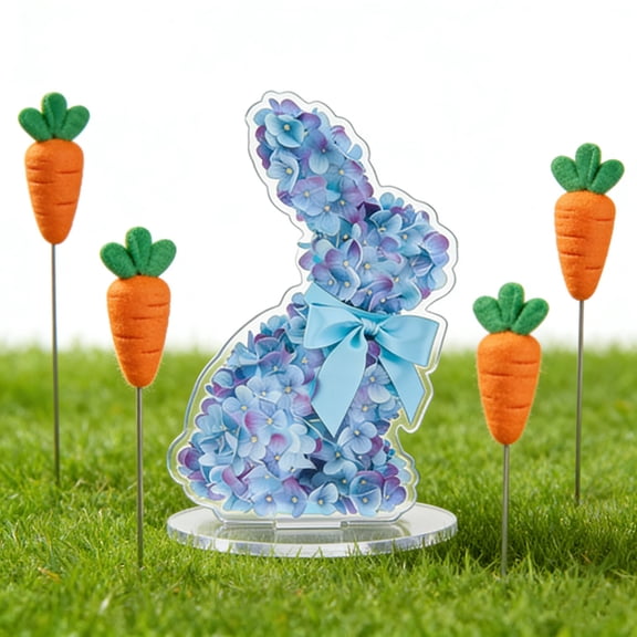Uxgjfwu Blue Hydrangea Easter Bunny Decor, 20cm Artificial Floral Figurine with Bow, Spring Tabletop Accent for Home, 2D Design, Festive, Handcrafted