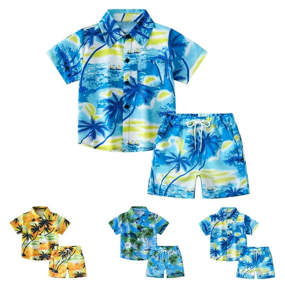 Uxgjfwu Boys Pajamas Set Short Sleeve Blouse Tropical Seaside Print Retro Shirt Shorts Suit Summer Outfits Sizes 2-12,Blue
