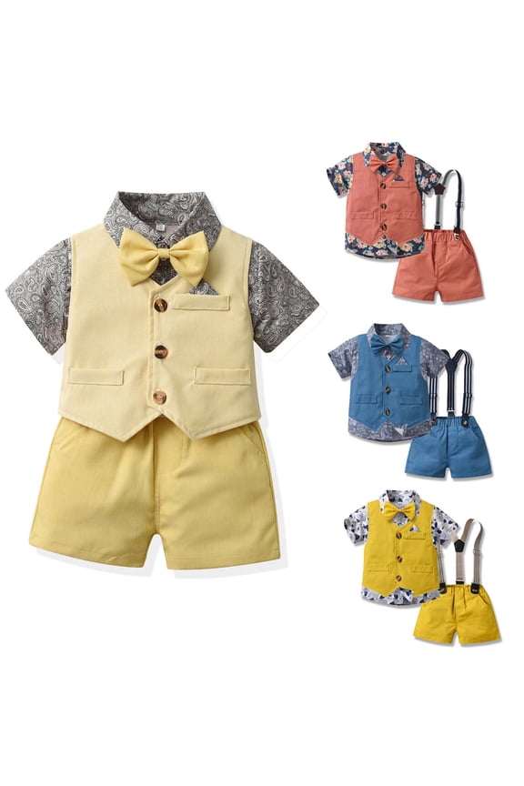 Uxgjfwu Boys Short Sleeve Top and Strap Shorts Suit Floral Printing Shirts Photography Performance Set Sizes 6M-6T,Blue