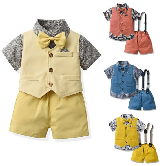 Uxgjfwu Boys Short Sleeve Top and Strap Shorts Suit Floral Printing Shirts Photography Performance Set Sizes 6M-6T,Orange