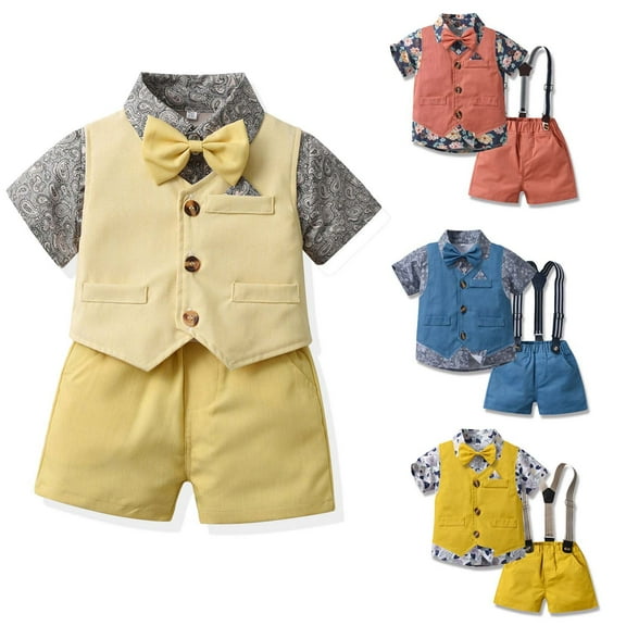 Uxgjfwu Boys Short Sleeve Top and Strap Shorts Suit Floral Printing Shirts Photography Performance Set Sizes 6M-6T,Yellow