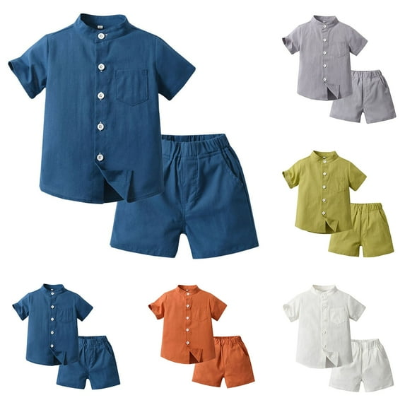 Uxgjfwu Boys Summer Outfits Casual Plain Summer Kids Stand-up Collar Short Sleeve Shirt and Shorts Set, Sizes 9M-4T,Orange