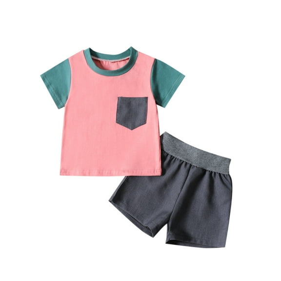 Uxgjfwu Boys Summer Outfits Casual Short Sleeve Tops Turndown Collar Botton Short Pants Sets, Sizes 6M-3T,Pink