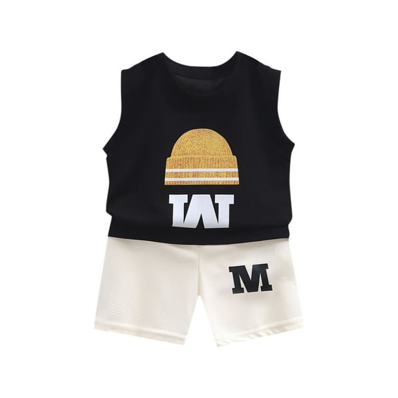 Uxgjfwu Boys Summer Outfits Printed Short Sleeve Tops and Shorts Set Toddler Boy Clothes, Sizes 0-5T,Black