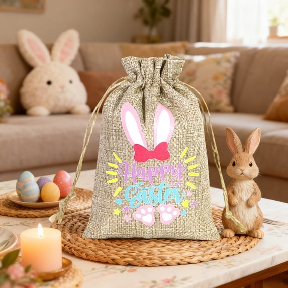 Uxgjfwu Bunny and Egg Design Gift Bag, Linen Drawstring Pouch for Easter Candy, Reusable Holiday Treat Bag for Party Favors, Spring Celebration, Festive Present Packaging