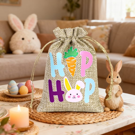 Uxgjfwu Bunny and Egg Design Gift Bag, Linen Drawstring Pouch for Easter Candy, Reusable Holiday Treat Bag for Party Favors, Spring Celebration, Festive Present Packaging