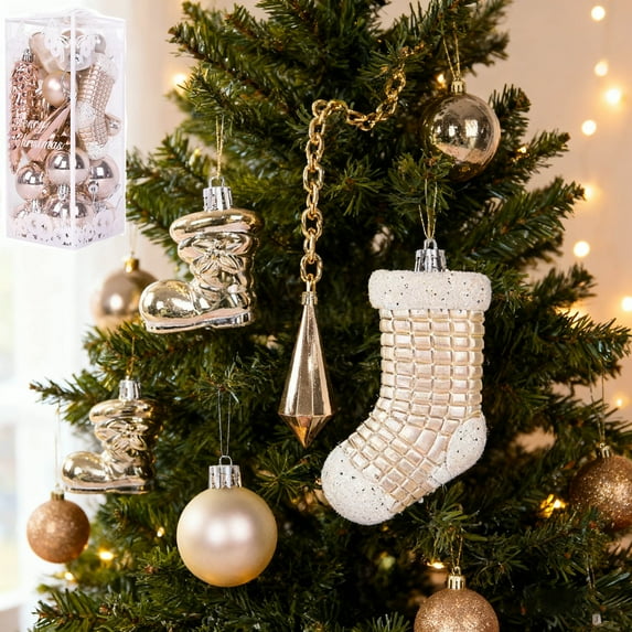 Uxgjfwu Champagne Christmas Balls Set, 21-Piece Unique Shape Tree Ornaments, Special Design Holiday Decor for Christmas Tree, Party Display