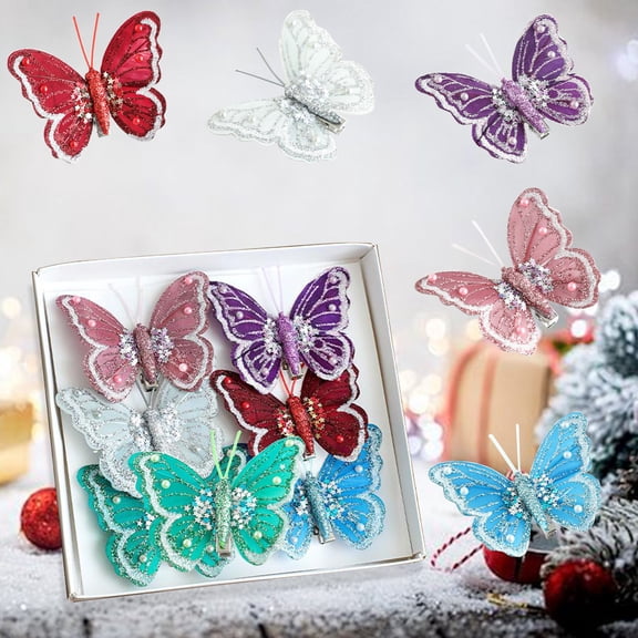 Elainilye Christmas Butterfly Ornaments, Glitter Clip-on Decor for Tree Wreath DIY Home Wedding Xmas Party Craft Decoration, Christmas Butterfly Ornaments (6PCS)