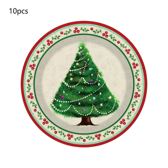 Uxgjfwu Christmas Paper Plates Cups Napkins Set Tree Themed Disposable Tableware for Holiday Party Gathering Celebration and Decorations (10PC 9" Plates)