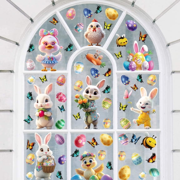Uxgjfwu Easter Bunny, Eggs, and Chicks Static Cling Window Decals, 9 Piece Storefront Decor for Glass Doors, Removable Spring Stickers, Festive, Easy Apply