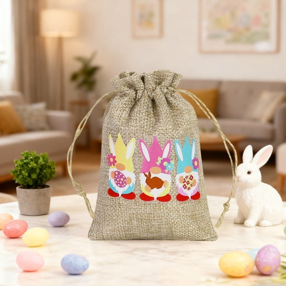 Uxgjfwu Easter Bunny Linen Gift Bag, Drawstring Candy Bag with Egg Motifs, Reusable Party Favor Pouch for Spring Holiday, Children's Treat Bag, Festive Packaging