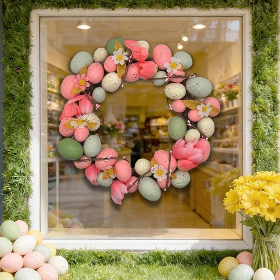 Uxgjfwu Easter Egg Wreath Artificial Ring, Home Decor Party Scene Decoration for Door Hanging, Simulation Vine Circle for Spring, Festive, Colorful
