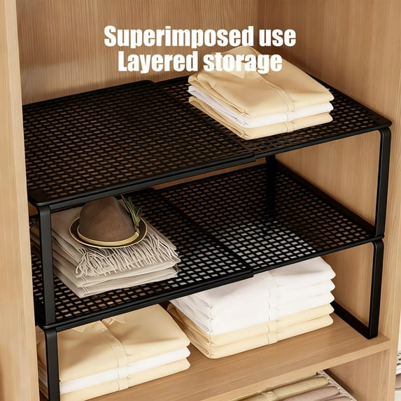 Uxgjfwu Expandable Cabinet Storage Shelf, Stackable Organizer Rack for Space Saving, Adjustable Shelf Divider for Kitchen Pantry Wardrobe Closet Office