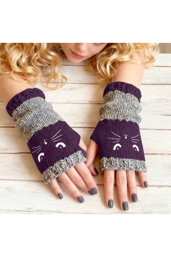 Fashion Cat Design Knitted Gloves, Fingerless Warm Gloves with Embroidery Detail, Casual Women's Handwear for Cool Weather, Stylish and Comfortable