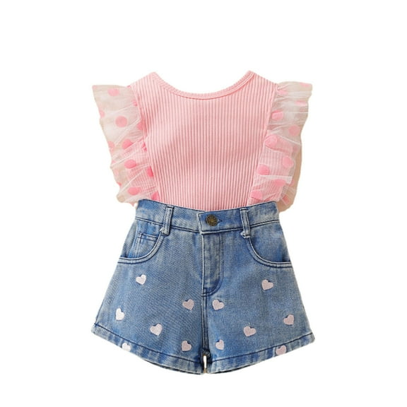 Uxgjfwu Fashion Girls Outfits Casual Short Sleeve Shirts Shorts Jeans Sets Round Neck Tops Jeans Clothing Sets