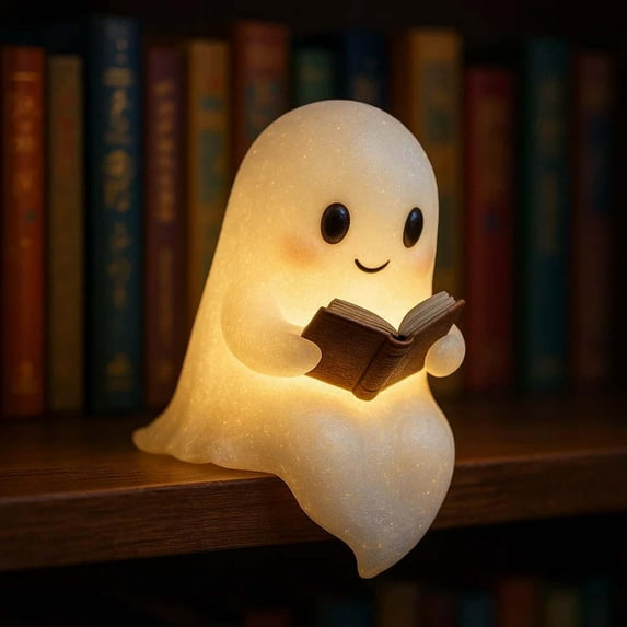 Uxgjfwu Ghost Book Night Light 6" Warm LED Figure Lamp for Bedroom Decor, Halloween Mantel Statue with Reading Theme for Parties