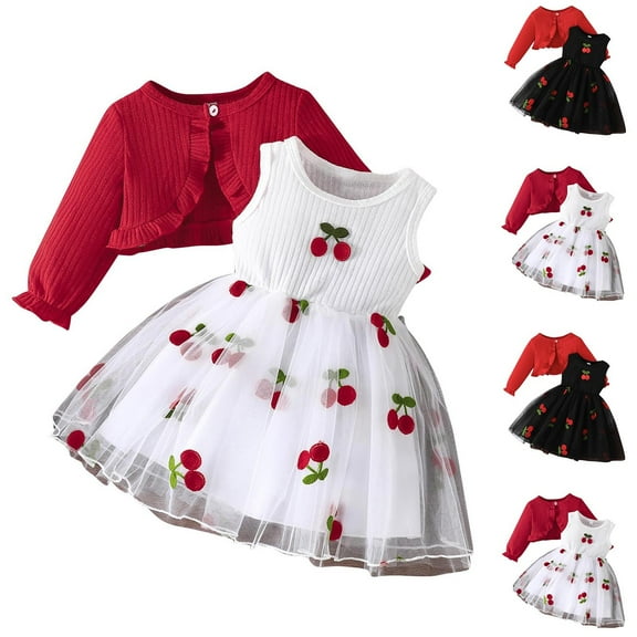 Uxgjfwu Girl Cardigan Dress Sets Solid Color Long Sleeve Tops Round Neck Sleeveless Dress Two-piece Set