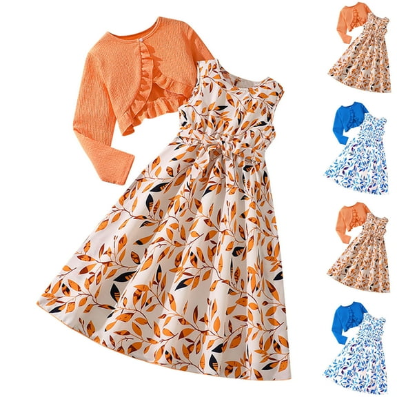 Uxgjfwu Girls Dress Tops Sets Printed Dress With Knitted Sleeveless Cardigan Dress Sets