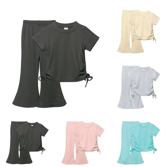 Uxgjfwu Girls Loungwear Sets Fashion Solid Color Short Sleeve Tops Comfy Round Neck Tops Flare Pants Big Girls Summer 2PC Set
