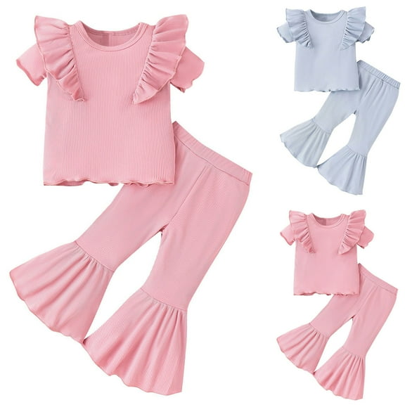 Uxgjfwu Girls' Outfit Solid Color Casual Clothing Sets Round Neck Outfits Short Sleeve Tops Long Pants Kids Sets