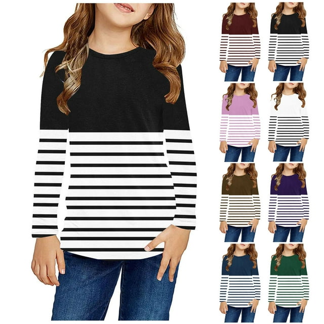 Uxgjfwu Girls Striped Long Sleeve Shirts Cute Crewnecks Tops Dressy