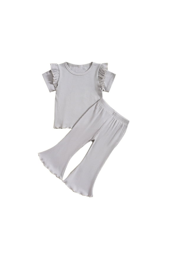 Uxgjfwu Girls Summer Outfits Plain Print Short Sleeve Tops and Pants Set Summer Clothes, Sizes 12M-5T,Gray