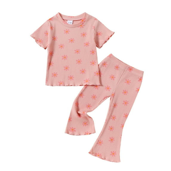 Uxgjfwu Girls Summer Outfits Plain Print Short Sleeve Tops and Pants Set Summer Clothes, Sizes 12M-5T,Pink