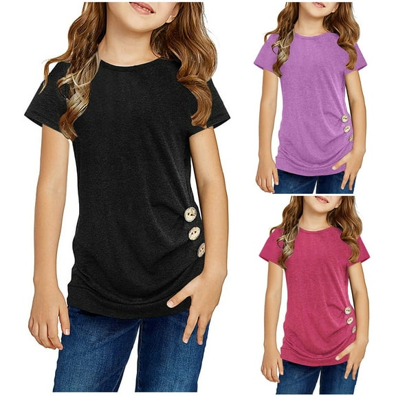 Uxgjfwu Girls Summer Tops Casual Tunic Tops Knot Front Button Short Sleeve Blouse T-Shirt Tee Sizes 4-13,Blue