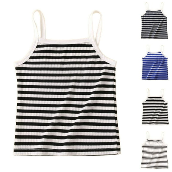 Uxgjfwu Girls Tank Tops Baby Summer Girls Round Neck Striped Crop Tops for Girls Sizes 4T-7T,Blue