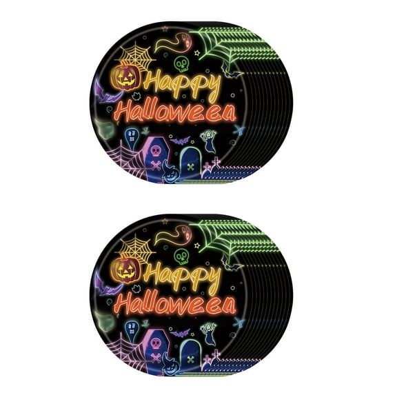 Uxgjfwu Glow Halloween Party Supplies 24-Pack Printed Paper Plates Napkins Cups Set for Themed Celebration and Catering (7" Plates)