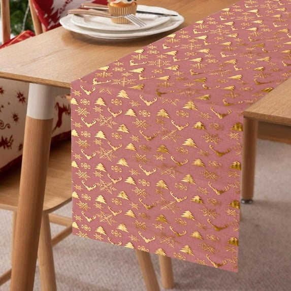 Uxgjfwu Gold Foil Christmas Table Runner, Snowflake Elk Pattern Nylon Fabric Flag, Festive Table Decoration for Holiday Gathering, Party Setting