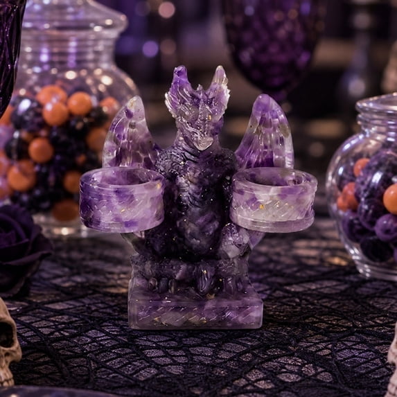Uxgjfwu Gothic Dragon Candlestick Holder, Natural Crystal Stone Base Double Candle Holder, Spooky Halloween Table Centerpiece with Black and Purple Designs