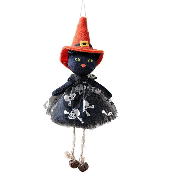 Uxgjfwu Halloween Hanging Ornament Pendants with Bells Gauze Dress Black Cat Witch Pumpkin Ghost for Tree Door Window Party Decor