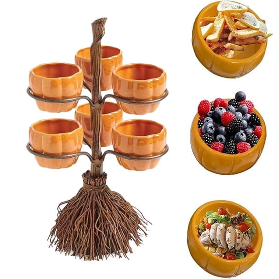 Elainilye Halloween Snack Bowl Stand Collapsible Cupcake Candy Tray Holder with Broomstick for Party Table Dessert Serving Decor