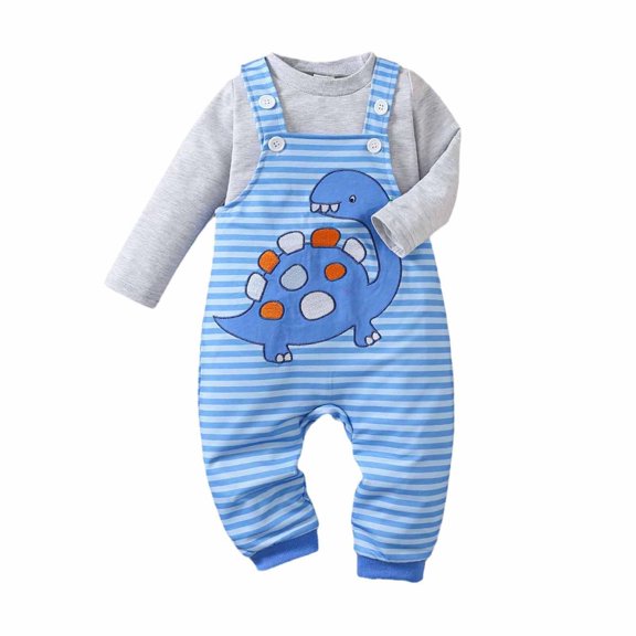 Uxgjfwu Infant Baby Clothing Overall Tops Sets Striped Round Neck Baby Long Sleeve Shirts Strap Overall Sets