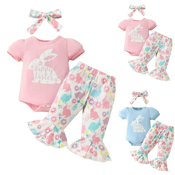 Uxgjfwu Infant Girls Round Neck Shower Suits Short Sleeve Shirts Thin Printing Flare Pants 3pc Sets