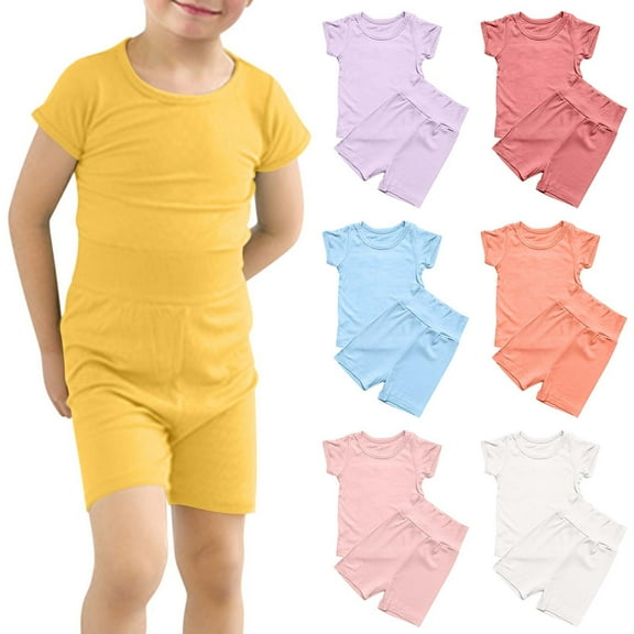 Uxgjfwu Kids Outfit Summer Clothing Loungwear Short Sleeve Tops Shorts Sets Solid Color T-shirt Shorts Sets