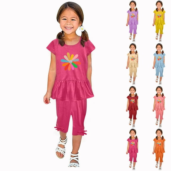 Uxgjfwu Little Girls Outfits Round Neck Short Sleeve Tops Flying Sleeve Shirts Elastic Waist Pants Children Clothing Sets 2PC Set
