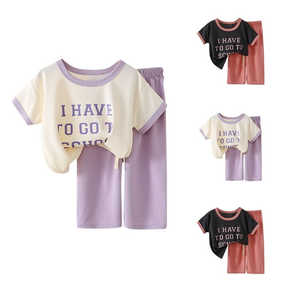 Uxgjfwu Loungwear Outfit Summer Girls Casual Clothing Sets Short Sleeve Round Neck Tops Pants Sets