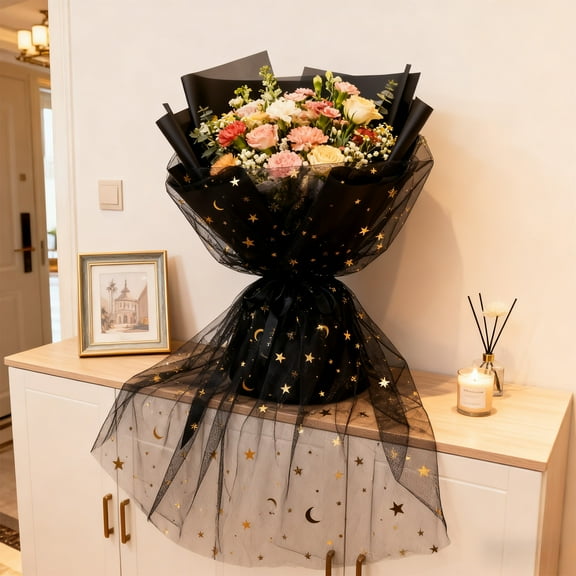 Uxgjfwu Mesh Fabric Packaging Material, 1 Roll Colorful Netting with Star Patterns, Decorative Mesh Wrap for Flower Arrangement Gift Presentation