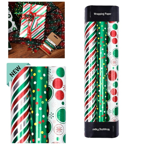 Uxgjfwu Metallic Christmas Wrapping Paper, Red Green Foil Design Gift Wrap Rolls, 3-Pattern Set for Holiday Present Packaging, Celebrations