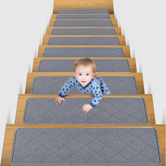Uxgjfwu Non Slip Stair Treads Mats, Self Adhesive Striped Step Carpets for Indoor Stairs Washable Cut to Fit Home Safety